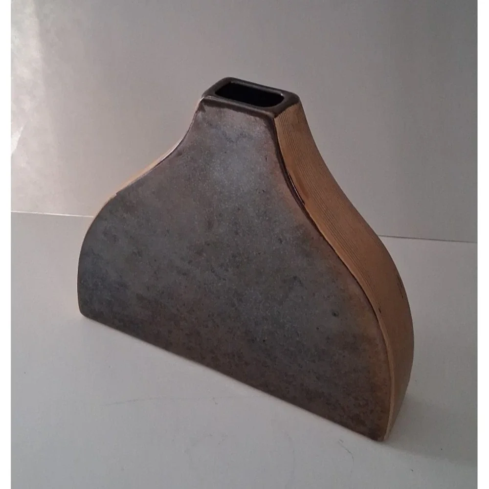 Triangular Pottery Dark Brown Bronze Gun Metal Vase 9